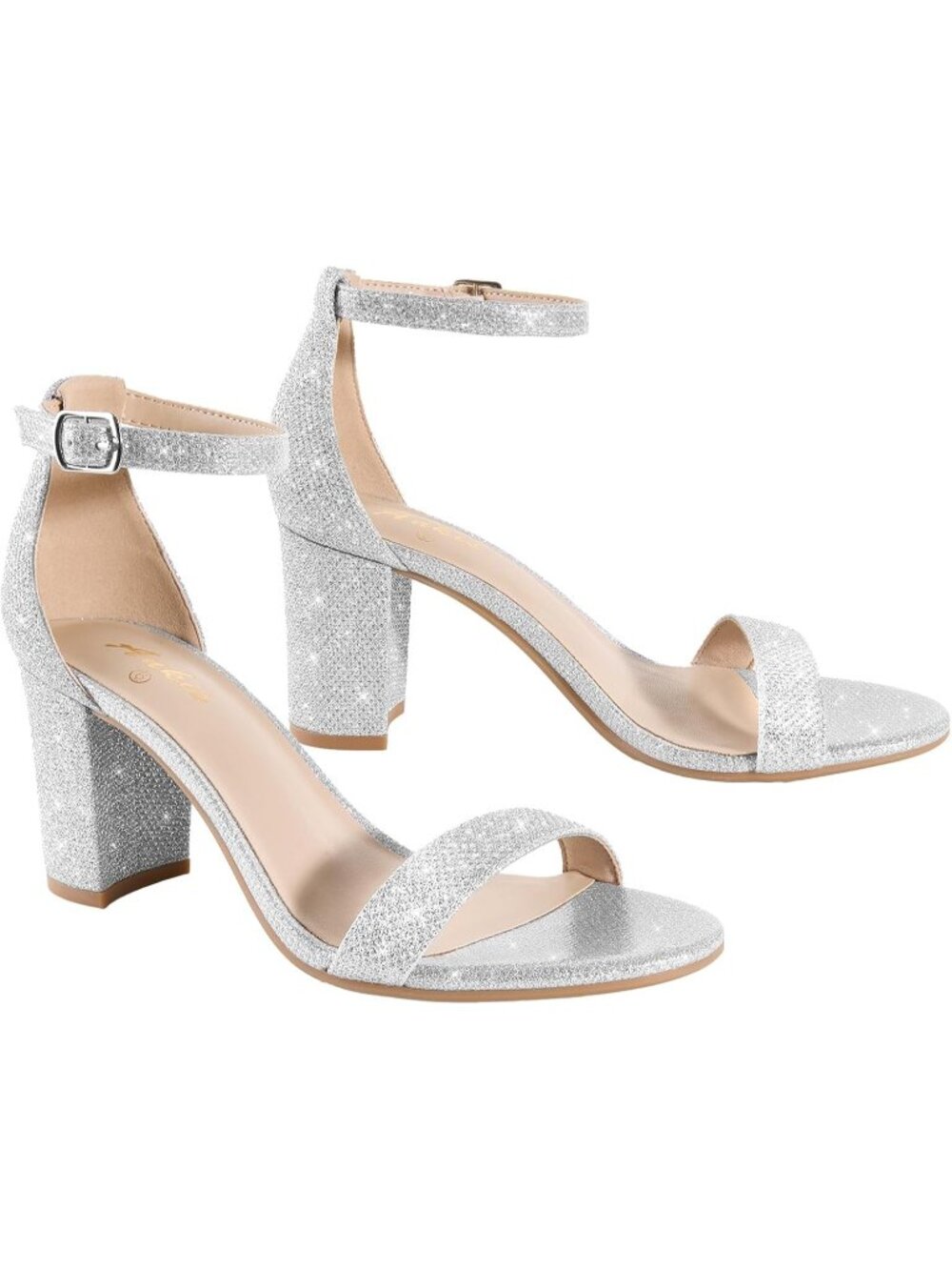 Womens Silver Glitter Open Toe Ankle Strap 2.75 Inch Heel Chunky Heeled Sandal